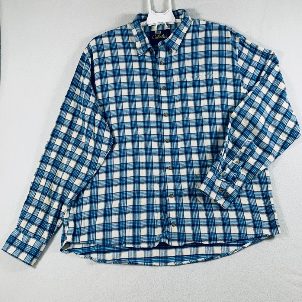 Cabelas‎ Men's Flannel Shirt Long Sleeve Button Up Plaid Blue Size 2XLT Tall